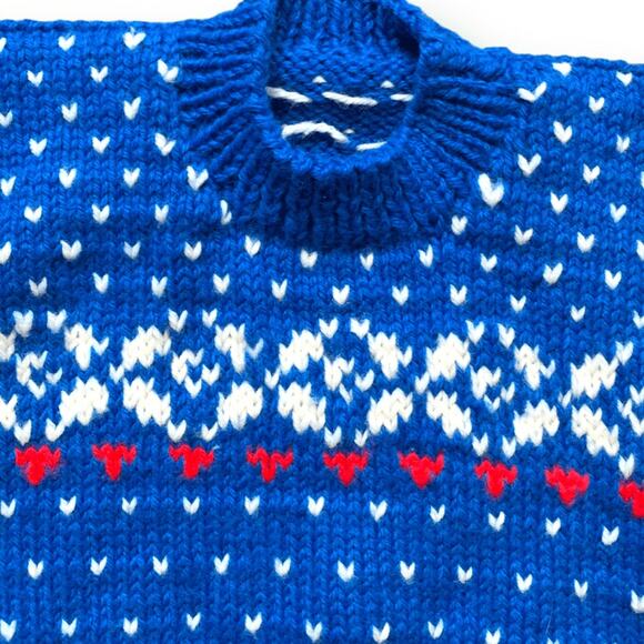 Vintage Handmade Sweater Blue White Red Fair Aisle Hearts Long Sleeve Crewneck - Picture 3 of 8